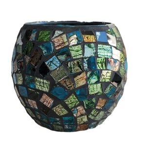 Home Interiors Mosaic Candle Holder New blue, green, gold tones 4" high x 5"